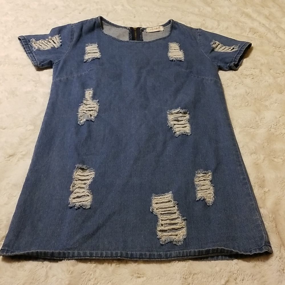 Distressed Denim Cotton Dress Women's Medium Blue Summer Festival